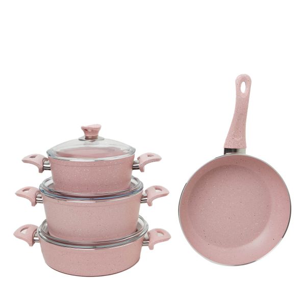 7 Pieces Turkish Granite Cookware Set with Pyrex Lid Pink Kunzita