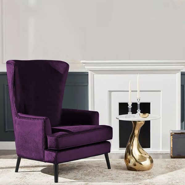 Velvet Royal Chair with Wingback and Arms, Dark Purple, E7, In House