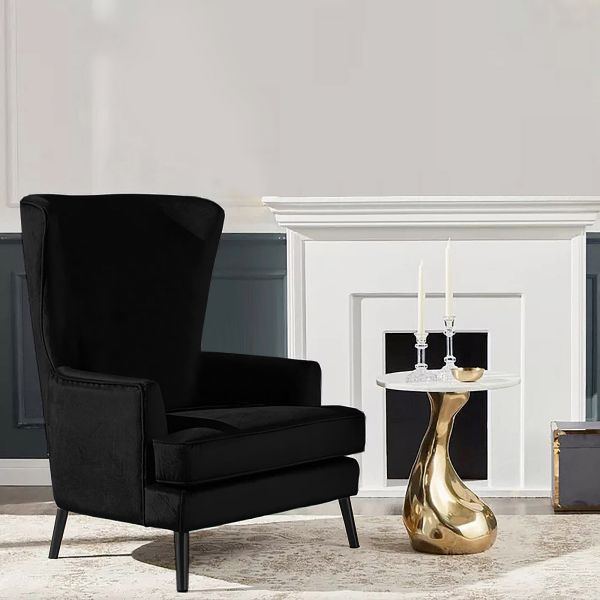 Velvet Royal Chair with Wingback and Arms, Black, E7, In House