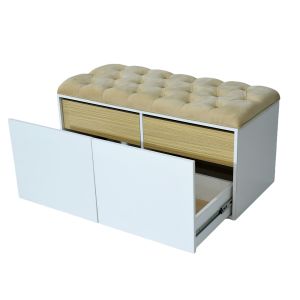 Velvet Ottoman with Shoe Storage Drawers Made of MDF Wood, White and Beige, S1