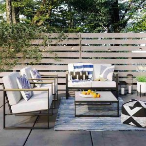 Two-seater sofa set, two chairs, and a table, linen, 4 pieces, Off White & Black