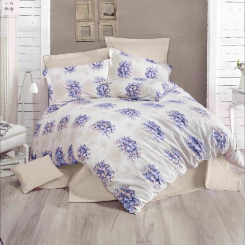 Adela | 8 Pieces Ranforce Cotton Comforter Set from In House, King, 260x240 cm, 12751-v6, White & Blue