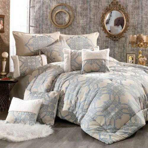In House Chanel Lohaver Cotton Comforter Set 12-Pieces-Beige & Blue - 240x260cm - v6-2000206