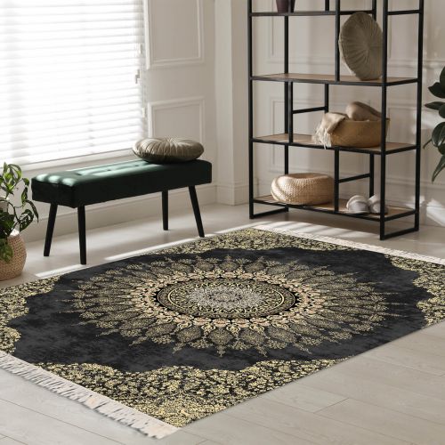 In House | Modern Design Turkish Rectangular Decorative Carpet, Gold & Black