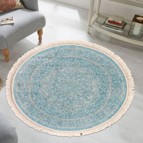 In House | Bahia Wooded Design Round Carpet, Cyan, 120x120 cm