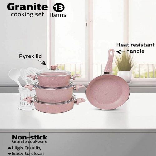 13 Pieces Turkish Granite Cookware Set with Pyrex Lid - Pink, In House