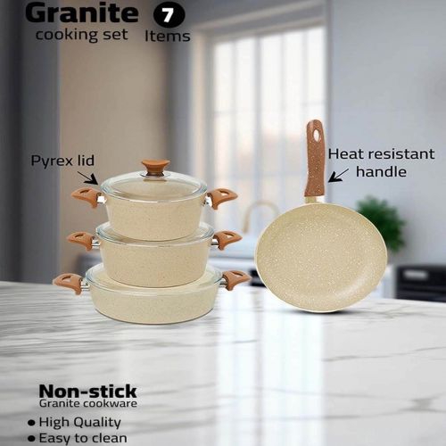 7 Pieces Turkish Granite Cookware Set with Pyrex Lid - Beige, In House