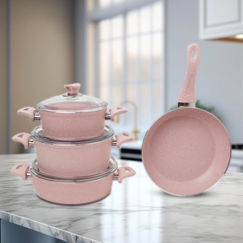 7 Pieces Turkish Granite Cookware Set with Pyrex Lid - Pink, Kunzita