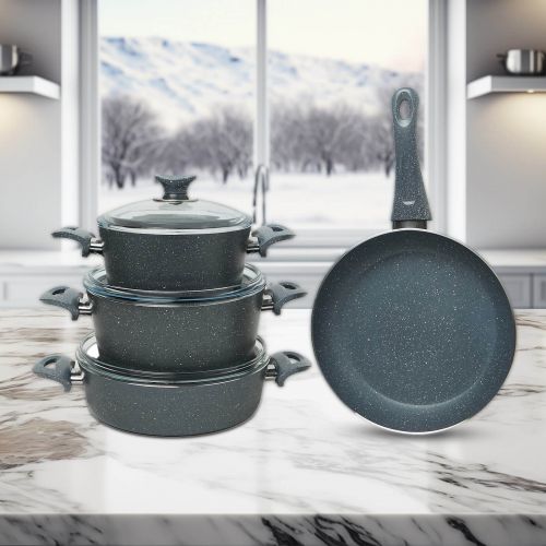 7 Pieces Turkish Granite Cookware Set with Pyrex Lid - Grey, Kunzita
