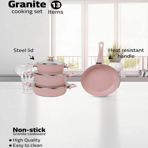 13 Pieces Turkish Granite Cookware Set with Steel Lid - Pink, In House