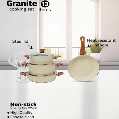 13 Pieces Turkish Granite Cookware Set with Steel Lid - Beige