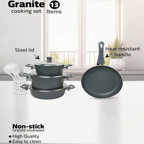 13 Pieces Turkish Granite Cookware Set with Steel Lid - Grey, In House