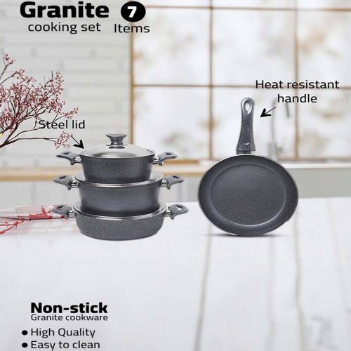 7 Pieces Turkish Granite Cookware Set with Steel Lid - Grey, In House