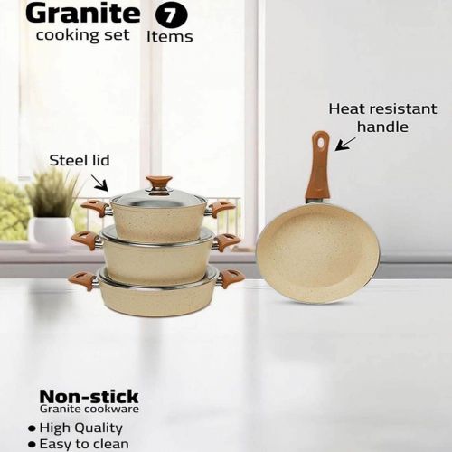 7 Pieces Turkish Granite Cookware Set with Steel Lid - Beige, In House