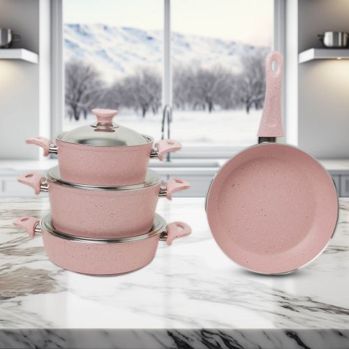 7 Pieces Turkish Granite Cookware Set with Steel Lid - Pink, Kunzita