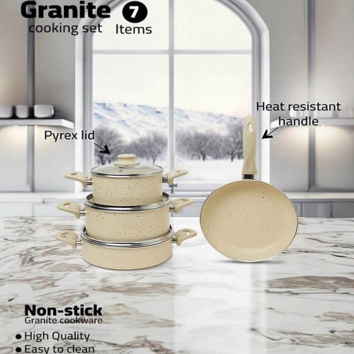 7 Pieces Turkish Granite Cookware Set with Pyrex Lid - Beige