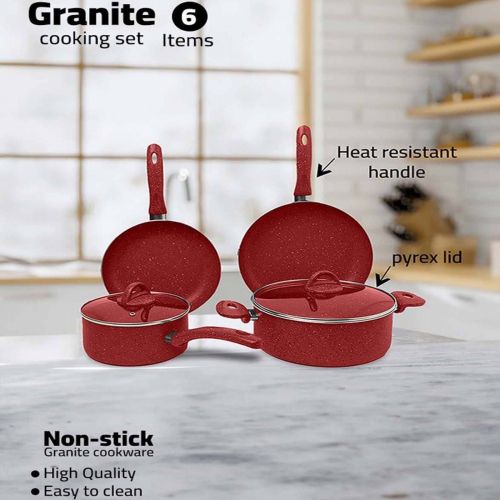 6 Pieces Turkish Granite Cookware Set with Pyrex Lid - Red, La Casa