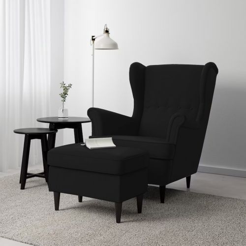 2 Pieces Chair king Linen with Two Wings And FootStool, Black, E3 | In House