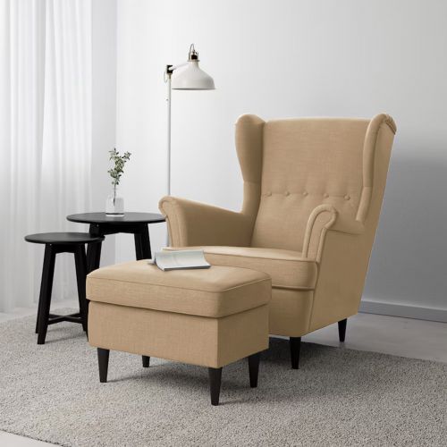 2 Pieces Chair king Linen with Two Wings And FootStool, Light Beige, E3 | In House