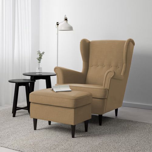 2 Pieces Chair king Linen with Two Wings And FootStool, Beige, E3 | In House