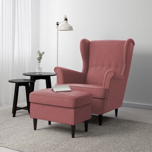 2 Pieces Chair king Linen with Two Wings And FootStool, Dark Pink, E3 | In House