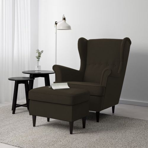 2 Pieces Chair king Linen with Two Wings And FootStool, Dark Brown, E3 | In House