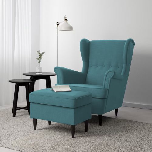 2 Pieces Chair king Linen with Two Wings And FootStool, Turquoise, E3 | In House