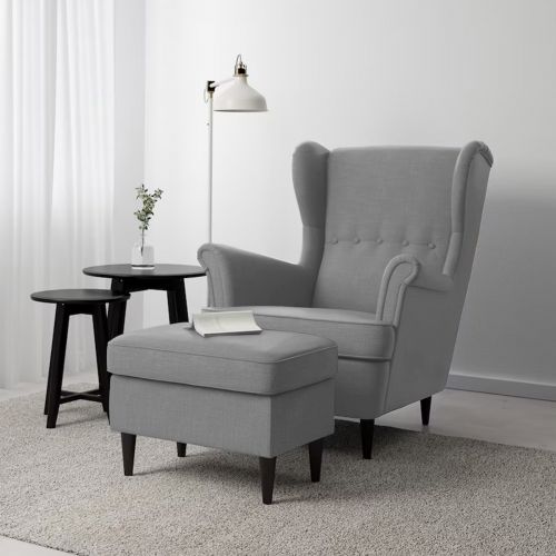 2 Pieces Chair king Linen with Two Wings And FootStool, Light Gray, E3 | In House