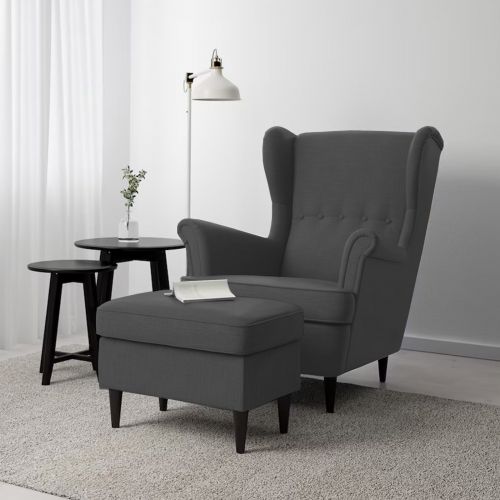 2 Pieces Chair king Linen with Two Wings And FootStool, Dark Gray, E3 | In House