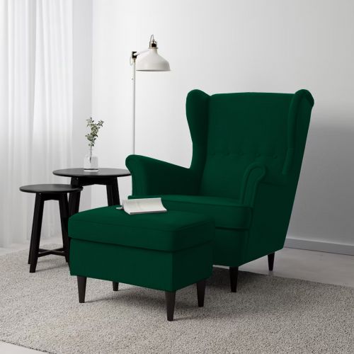 2 Pieces Chair king Linen with Two Wings And FootStool, Dark Green, E3 | In House