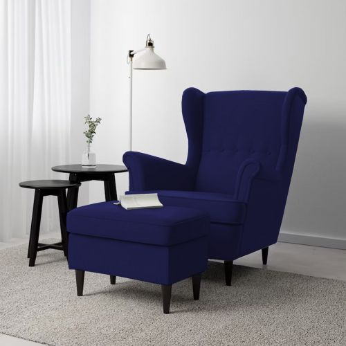 2 Pieces Chair king Linen with Two Wings And FootStool, Dark Blue, E3 | In House
