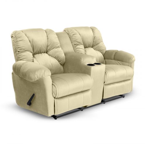 Double Velvet Upholstered Recliner Chair With Cups Holder, Dark Ivory, American Polo