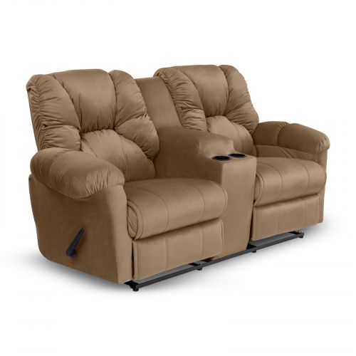 Double Velvet Upholstered Recliner Chair With Cups Holder, Light Brown, American Polo