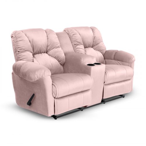 Double Velvet Upholstered Recliner Chair With Cups Holder, Light Pink, American Polo
