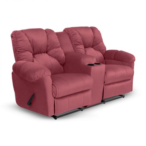 Double Velvet Upholstered Recliner Chair With Cups Holder, Dark Pink, American Polo