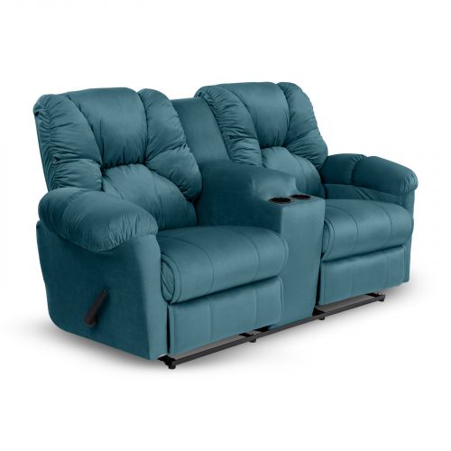 Double Velvet Upholstered Recliner Chair With Cups Holder, Dark Turquoise, American Polo
