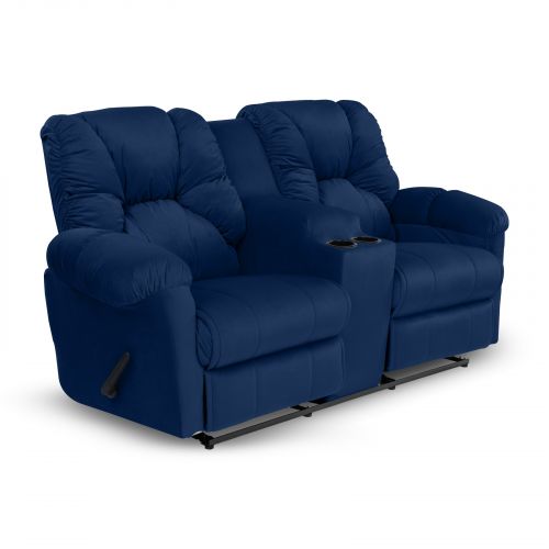 Double Velvet Upholstered Recliner Chair With Cups Holder, Dark Blue, American Polo