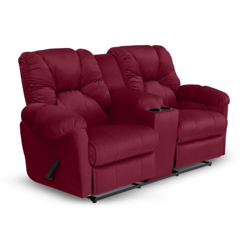 Double Velvet Upholstered Recliner Chair With Cups Holder, Burgundy, American Polo