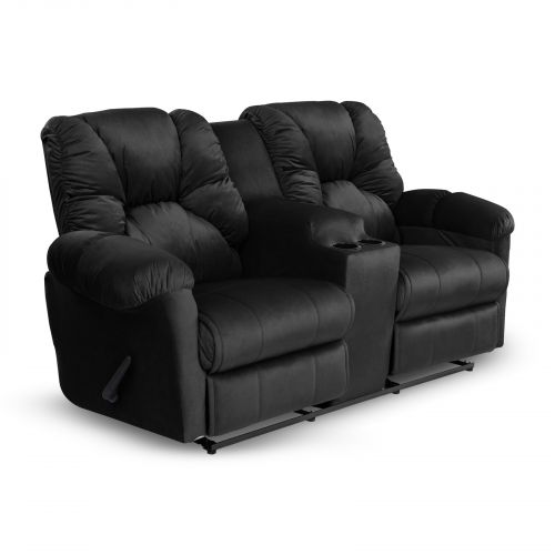 Double Velvet Upholstered Recliner Chair With Cups Holder, Black, American Polo