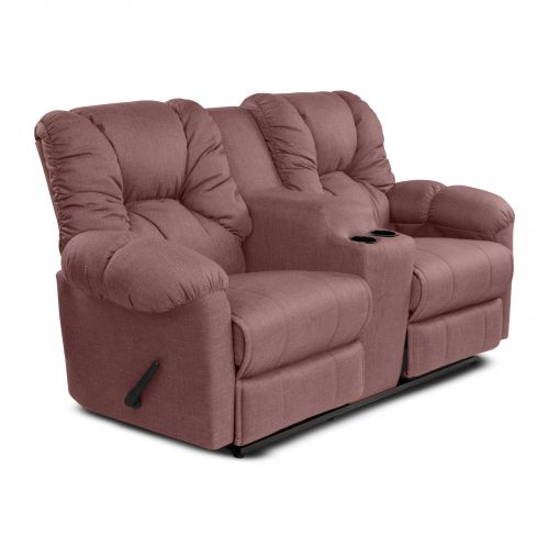 Double Linen Upholstered Recliner Chair With Cups Holder, Dark Pink, American Polo