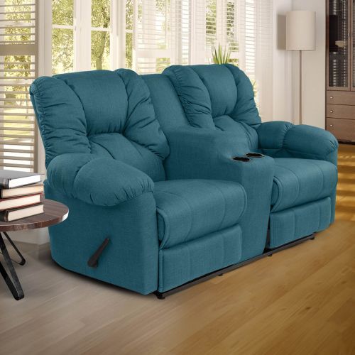 Double Linen Upholstered Recliner Chair With Cups Holder, Turquoise, American Polo