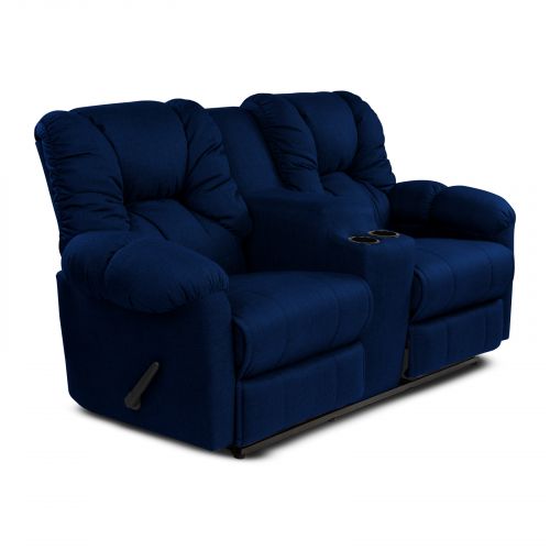 Double Linen Upholstered Recliner Chair With Cups Holder, Dark Blue, American Polo