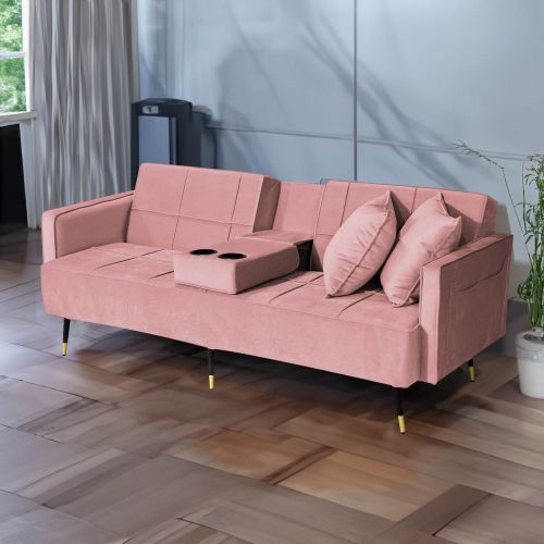Hema | 2 in 1 Velvet Upholstered Sofabed With Cup Holder, Light Pink