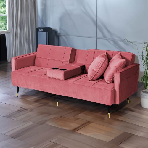 Hema | 2 in 1 Velvet Upholstered Sofabed With Cup Holder, Dark Pink