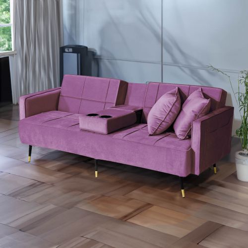 Hema | 2 in 1 Velvet Upholstered Sofabed With Cup Holder, Light Purple