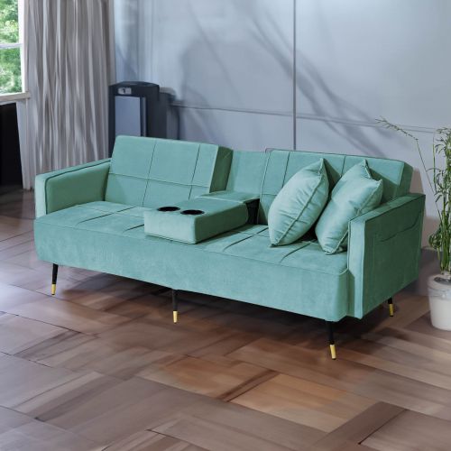 Hema | 2 in 1 Velvet Upholstered Sofabed With Cup Holder, Light Turquoise