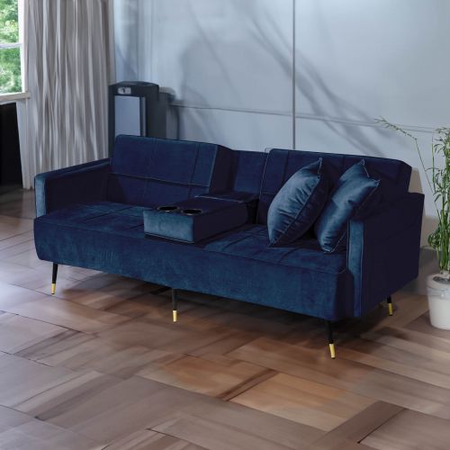 Hema | 2 in 1 Velvet Upholstered Sofabed With Cup Holder, Dark Blue