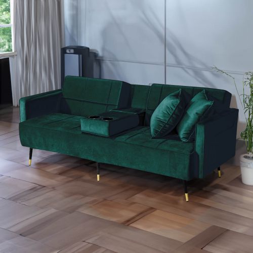 Hema | 2 in 1 Velvet Upholstered Sofabed With Cup Holder, Dark Green