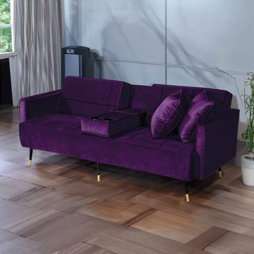 Hema | 2 in 1 Velvet Upholstered Sofabed With Cup Holder, Dark Purple
