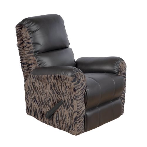 Leather and Fur Rocking & Rotating Recliner Chair, Black & Beige, Tiger